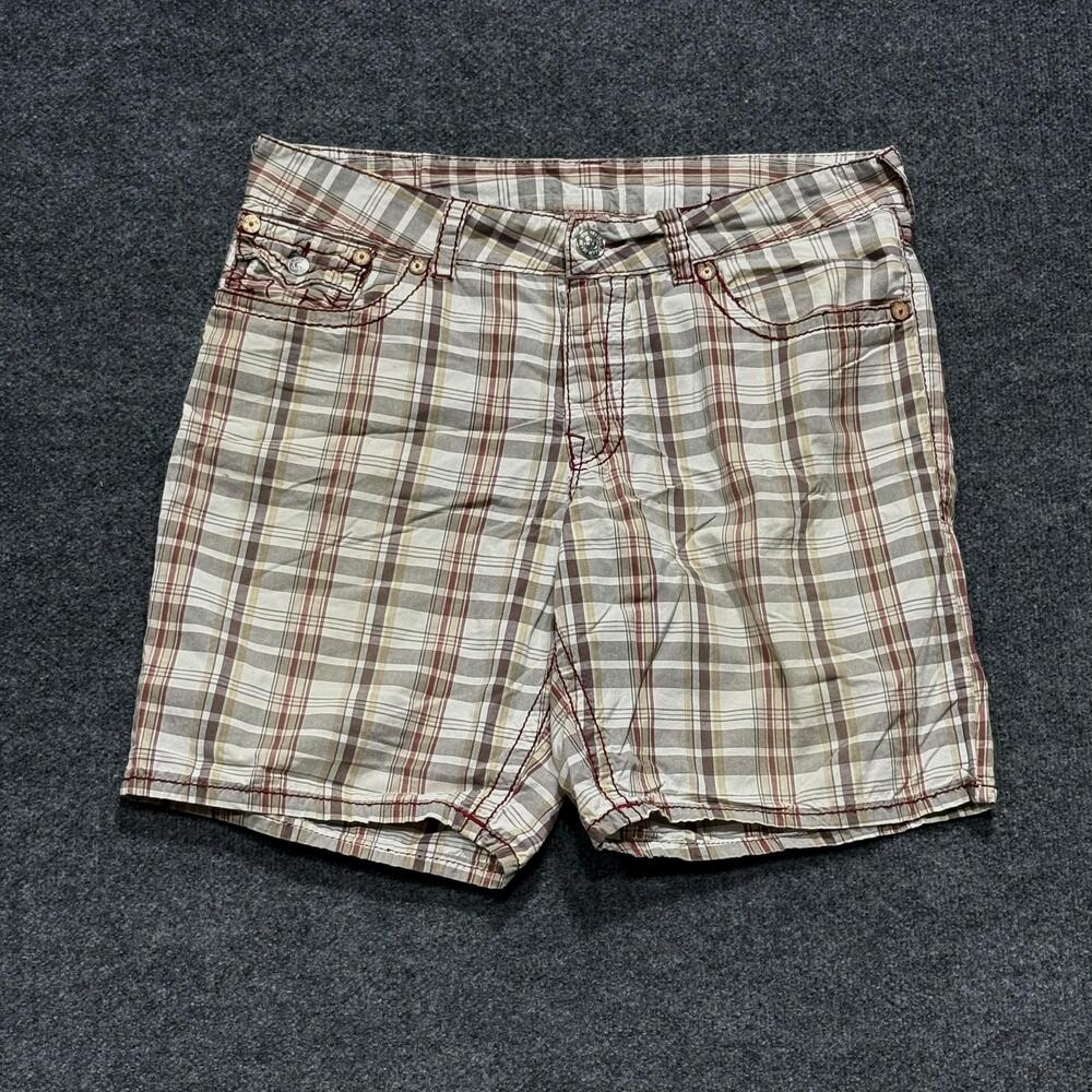 True Religion Swim Shorts Mens 40 Beige Plaid Cotton Twill Swimwear Pockets